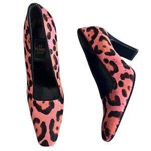 Fendi Women’s Vintage Pink Leopard Print Pony Hair Scarpe Block Heels Size 7